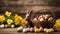 copy space, stockphoto, Traditional Easter chocolate bunny and eggs in a basket on wooden background.