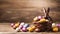 copy space, stockphoto, Traditional Easter chocolate bunny and eggs in a basket on wooden background.
