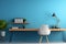 Copy space tranquility blue wall sets the tone for home office