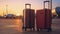 copy space, Two suitcases at the airport, with airplane in the background and sunset light. Waiting to catch a flight.