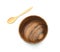 Copy space Wooden circle bowl with spoon put near bowl for serve. isolated on white background. kitchenware equipment handmade in
