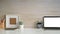 Copy space workspace mockup laptop, photo frame, alarm clock and cactus on desk with wooden wall