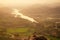 Copy spase lady and boy hugging Hampi ruins hills meeting sunrise sunset