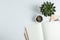 Copybooks, cup of coffee, pencils and succulent plant on white background