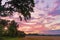 Copyspace of a colourful moody sky shining pink and purple at twilight with cloudy background on a field with trees in