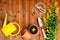 Copyspace frame with gardening tools and objects on old wooden background