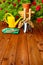 Copyspace gardening tools on wooden table and rose flowers background