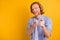 Copyspace photo of cheerful excited handsome man pointing at you being proud wearing white t-shirt smiling toothily