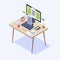 Copywriter workplace isometric illustration. Content writer, journalist, editor workspace. Copywriting, storytelling concept.