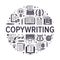Copywriting vector circle banner with flat icons. Writer typing text, social media content, creative idea, typewriter