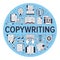 Copywriting vector circle banner flat line icons. Writer typing text, social media content, creative idea, typewriter