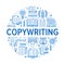 Copywriting vector circle banner flat line icons. Writer typing text, social media content, creative idea, typewriter