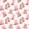 Coquette Cowgirl boots with pink bow Seamless Pattern. Retro Feminie Watercolor Western Chic repeating pattern