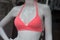 coral color bikini on mannequin in fashion store showroom for women