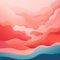 Coral Minimalism Seascape Abstract: Warm Red Sky And Waves