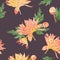 Coral and orange mums on dark brown background seamless pattern.