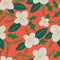 Coral Red with cream christmas florals and green leaves seamless pattern background design.