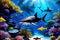 Coral reef, colorful groups of fish, sharks and sunny skies shining through the clear ocean water. photo created using