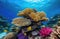 coral reef, ocean floor, vivid underwater photography, colorful fish, sea diving, sponges and corals