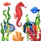 Coral reef with sea horse, tropical fish, seaweed, corals, under sea theme, set of elements, marine design, sea