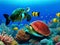 Coral reef underwater with vibrant fish and a turtle.