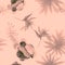 Coral Tropical Palm. Pink Seamless Textile. Gray Pattern Exotic. Garden Nature. Wallpaper Texture. Drawing Vintage.