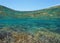 Corals underwater and blue sky Pacific ocean