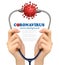 Coranavirus concept background. Two hands holding stethoscope with virus