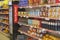 Corby, U.K., June 20, 2019 - interior of food supermarket. Shelfs with many products