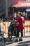 Corby, U.K. September 14, 2019 - man in wheelchair at British fire engine open day family event at fire station in Corby