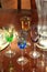 Cordial glasses and carafe on table