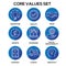 Core Values - Mission, integrity value icon set with vision, hon