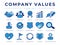 Core Values Retro Icon Set. Integrity, Leadership, Quality and Development, Creativity, Accountability, Simplicity, Dependability