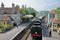 Corfe Castle railway station with the arrival of an heritage steam train