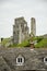 Corfe Castle with village roofs