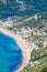 Corfu beach coastline birds eye view. Typical sand beach