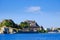 Corfu fortress walls as seen from the sea panoramic shot.