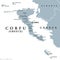 Corfu, island of Greece, part of Ionian Islands, gray political map