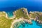 Corfu Island iconic image. Aerial drone view of Porto Timoni beach in Corfu. Ionian sea, Greece