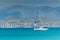 Corfu, Panorama to the mountain peaks in Albania, sailing yacht on the sea