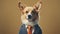 A corgi in a business suit stands on a beige
