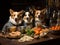 Corgi chefs cooking in kitchen