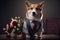 Corgi dog in a beautiful suit with flowers. AI generated