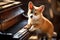 corgi dog charmingly playing white piano in bright sunlit room on a beautiful sunny day