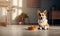 Corgi dog eagerly awaits meal beside a food bowl. Created with AI tools