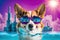 Corgi dog in mirror sunglasses, earphones and a cool digital collar is chilling in shallow water in paradise island. 80s vibe,