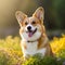 Corgi dog portrait in a sunny summer day. Closeup portrait of a Corgi dog in the field. Outdoor Portrait of a beautiful Corgi dog