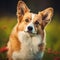 Corgi dog portrait in a sunny summer day. Closeup portrait of a Corgi dog in the field. Outdoor Portrait of a beautiful Corgi dog