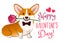 Corgi dog with rose flower in mouth Valentine`s day card vector cartoon. Cute sitting corgi puppy on white background. Funny