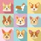 Corgi dogs icons set, flat style